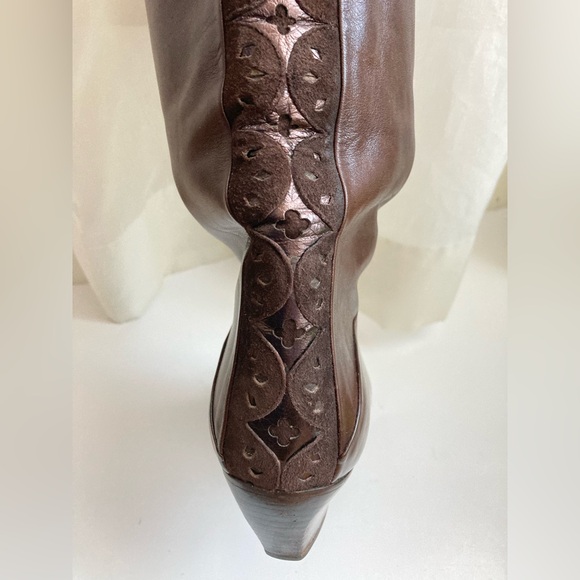 Italian leather boots mid calf slouchy brown soft leather block heel almond toe - Picture 5 of 14